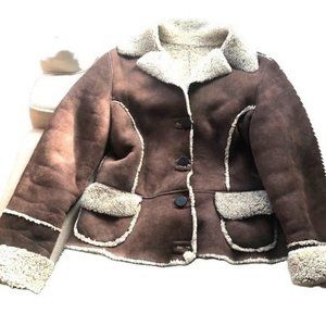 Women's Brown Shearling Leather Jacket wtih Fur Trim